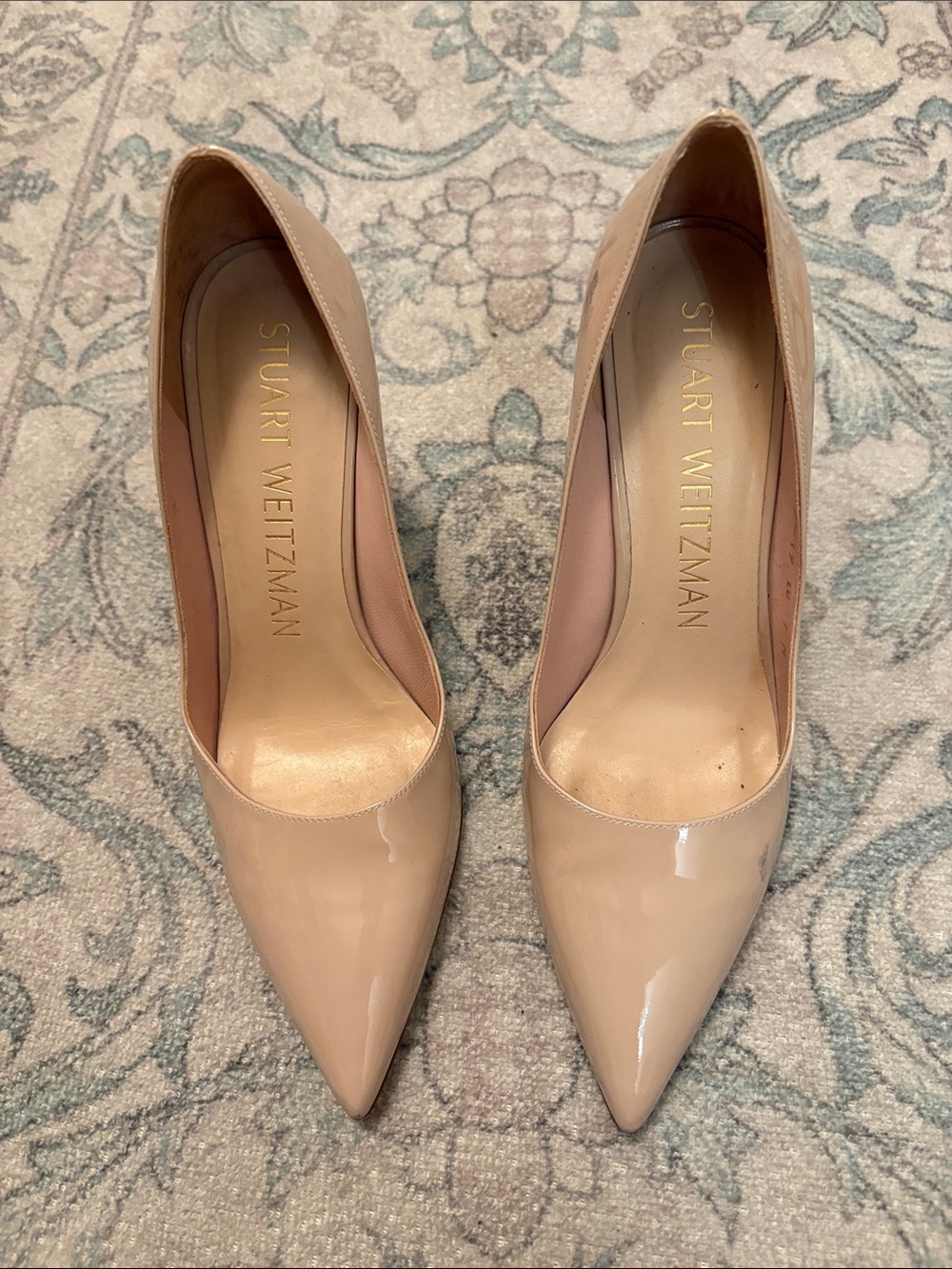 Stuart Weitzman Stuart Patent Leather Pointed Toe Block Heel Pump